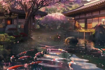 This photo showcases a serene Japanese garden featuring a koi pond filled with swimming koi fish.