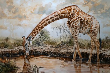 A regal giraffe gracefully bends down to drink water from a pond.