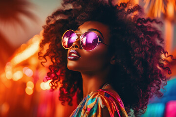 Black woman in sunglasses enjoys nightlife, summer tropical outdoors