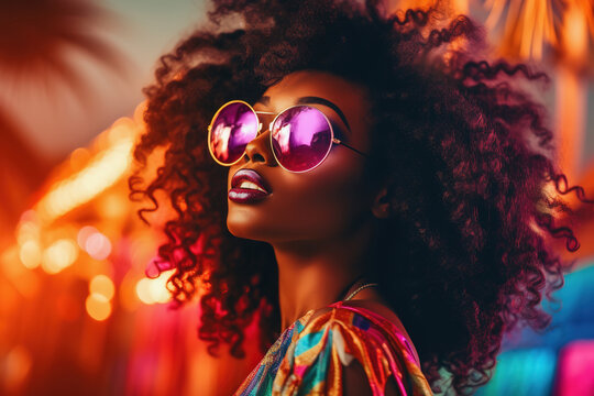 Black woman in sunglasses enjoys nightlife, summer tropical outdoors - Powered by Adobe