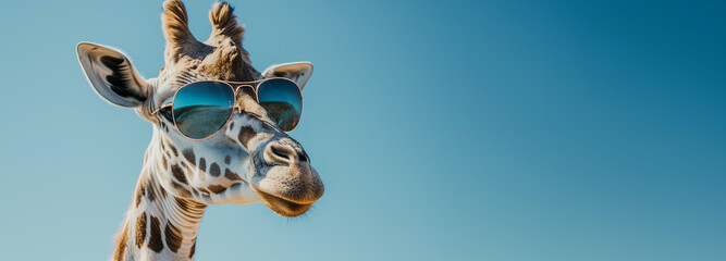 Cool Giraffe with Sunglasses on Clear Blue Sky - Travel Summer Holiday Background with Copy Space - obrazy, fototapety, plakaty