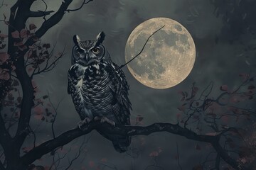 An owl, known for its wisdom, perched on a tree branch under the light of a full moon.