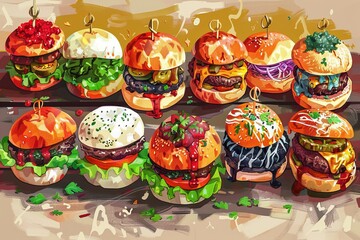 Fototapeta na wymiar A painting depicting a collection of gourmet slider burgers displayed on a shelf.