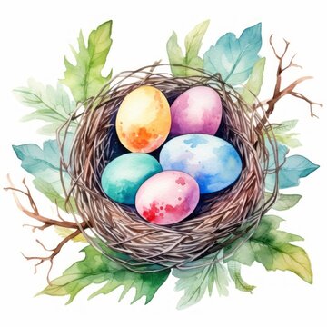 Osternest Aquarell Fr&uuml;hlingsblumen Bunte Eier Osterdekoration Natur Kunst Illustration Handgemalt Wandbild Festliche Deko Geschenk Fr&uuml;hlingsfest