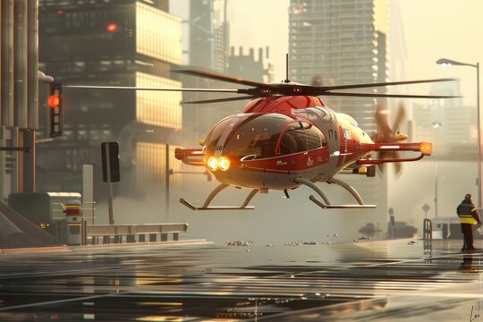 An innovative VetalVit air taxi helicopter taking off from an urban area, flying over a cityscape with a fire hydrant.