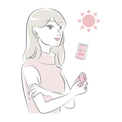 日焼け止めを塗る女性のイラストセット（ピンク）
