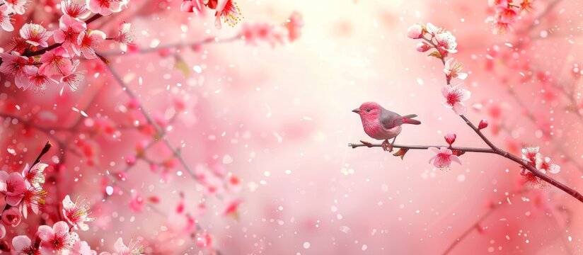 Cherry blossom floral frame on elegant pink background. AI generated image
