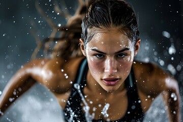 A female athlete is frozen in time with a focused expression, surrounded by a halo of water droplets in motion - obrazy, fototapety, plakaty