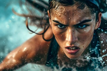 A focused female athlete's face is framed by splashing water