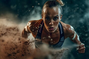 An intense female runner charges forward amidst a cloud of dust on a gritty track