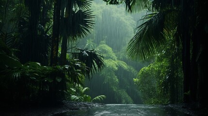 Tropical rainforest scene with heavy rainfall and lush vegetation
