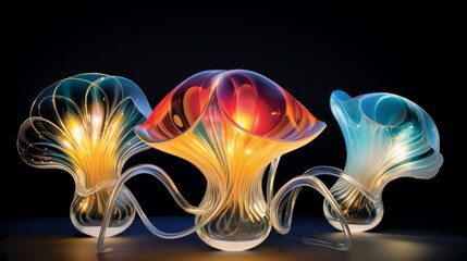 Translucent Glass Mushroom Sculptures with Illuminated Stems