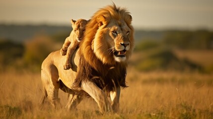 Majestic Lion and Cub in Warm Savannah Light, Emblematic of Wildlife Serenity