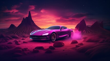 Fototapeta na wymiar A vibrant purple sports car on an alien planet with mystical mountains