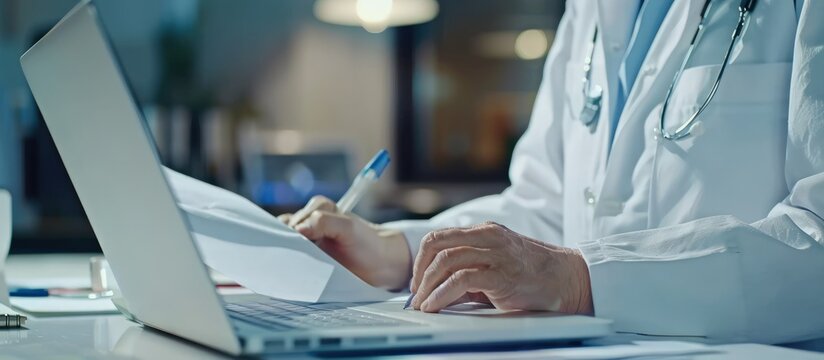 Close up Hands of Doctor in white coat writing medical records paperwork at workplace. AI generated