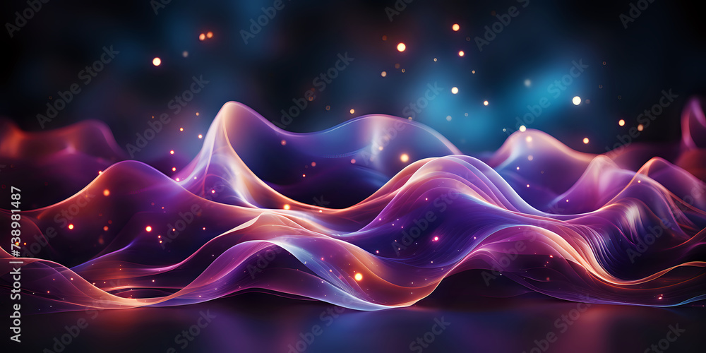 Poster vivid abstract waves in purple and pink hues. a vibrant abstract with flowing waves and glowing part