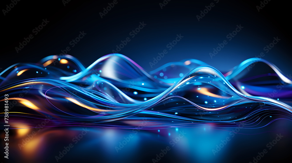 Poster mesmerizing blue abstract waves with glowing particles. abstract digital art featuring flowing blue 