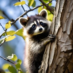 Raccoon on tree. A curious raccoon kit scaling the trunk of a tree with nimble movements, its masked face peering out with inquisitive eyes, eager to explore its arboreal surroundings. Generative AI.