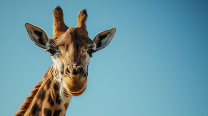 Cool Giraffe on Clear Blue Sky - Travel Summer Holiday Background with Copy Space