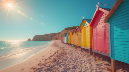 Colorful wooden hut stand on the beach by the sea in summer - obrazy, fototapety, plakaty
