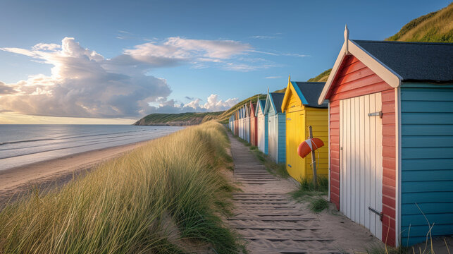 Colorful wooden hut stand on the beach by the sea in summer
