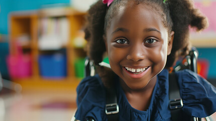 Young black child in a wheelchair smiling in a school classroom. AI generated