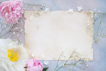 Decorative background with white and pink peonies, gypsophila, paper for the text of the letter and congratulations on the holiday, wedding
