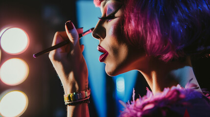 Candid close up of a gay male drag queen applying pink makeup in the mirror. AI generated