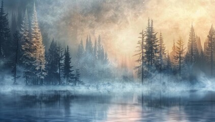 Obraz na płótnie Canvas a lake filled with mist and frozen trees at night Generative AI