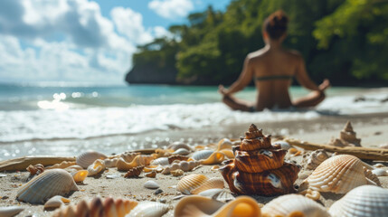 Shells on the beach in the background a woman sitting cross-legged while meditating