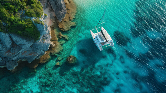 White luxury catamaran docks at an island. the water is turquoise and clear. drone shot
