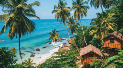 Small huts on the beach in the Caribbean with palm trees around them