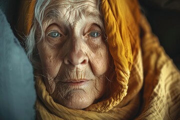 Elderly Woman With Blue Eyes and Yellow Scarf. Generative AI