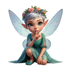 A cute Fairy with translucent wings kneeling on a flat surface isolated on a transparent background 