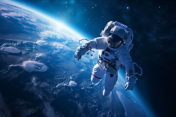 Astronaut Floating in Space Above Planet Earth, Person Flying Without Gravity Above the World's Atmosphere from Outer Space