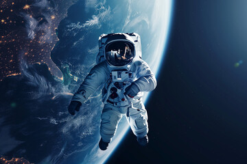 Astronaut Floating in Space Above Planet Earth, Spaceflight of a Person Observing the World from...