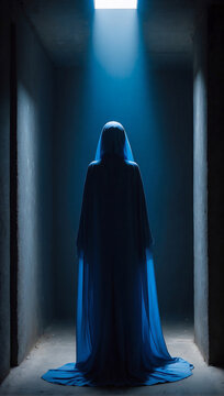  Enigmatic veiled person with blue clothes in a isolated room 