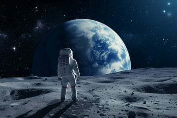 Obraz premium Astronaut on the Moon Observing Planet Earth, Space Photograph of a Person Walking on the Lunar Surface and Looking at the World They Call Home