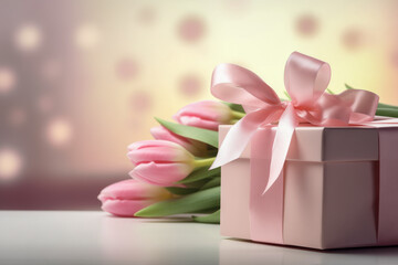 Gift Box with Pink Ribbon Beside Fresh Tulips