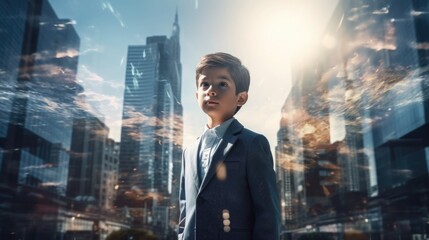 Fototapeta premium confident young boy, child in a business suit on the background of office buildings. businessman in a white shirt