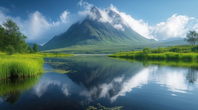 A stunning photo capturing the reflection of Buachaille Etive Mor mountain in the calm waters of a lake in Glencoe, Scotland.