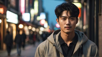 Handsome beautiful young korean guy looking like an idol in casual street background from Generative AI - obrazy, fototapety, plakaty