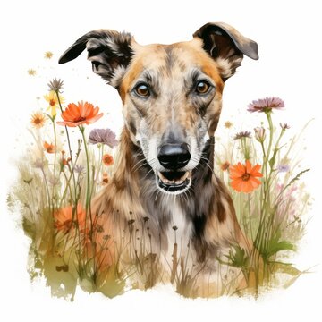 Lurcher Hund Aquarell Portr&auml;t Blumenwiese Charmant Ausdrucksvoll Tierkunst Nat&uuml;rlich Fr&ouml;hlich Kunst Druck Familienfreundlich Wanddekoration Einzigartiges Geschenk