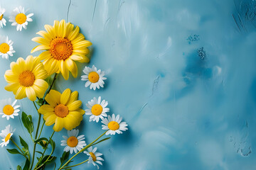 Vibrant daisies are spread across a textured blue backdrop