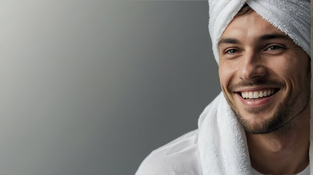 Portrait of smiling young handsome man with white towel on head plain white background bright white studio lighting from Generative AI