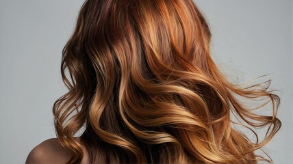 Naklejka premium Back view of beautiful long shiny curly colorful hair of a woman on plain white background, hair products ad concept from Generative AI