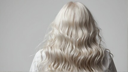 Naklejka premium Back view of beautiful long shiny curly white hair of a woman on plain white background, hair products ad concept from Generative AI