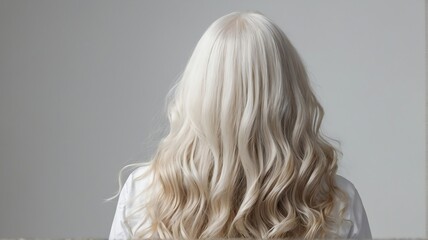 Naklejka premium Back view of beautiful long shiny curly white hair of a woman on plain white background, hair products ad concept from Generative AI