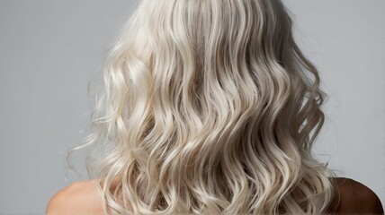 Naklejka premium Back view of beautiful long shiny curly white hair of a woman on plain white background, hair products ad concept from Generative AI
