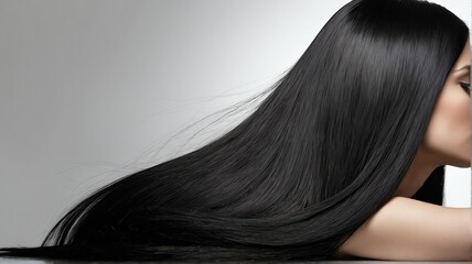 Back view of beautiful long shiny straight black hair of a woman on plain white background, hair products ad concept from Generative AI - obrazy, fototapety, plakaty